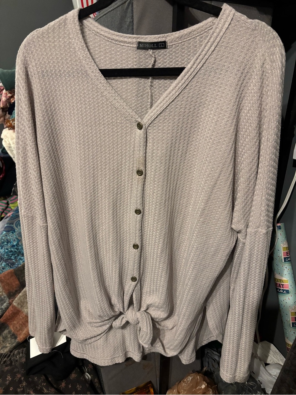 Women's Light Taupe Button-Front Knit Top with Front Tie Large